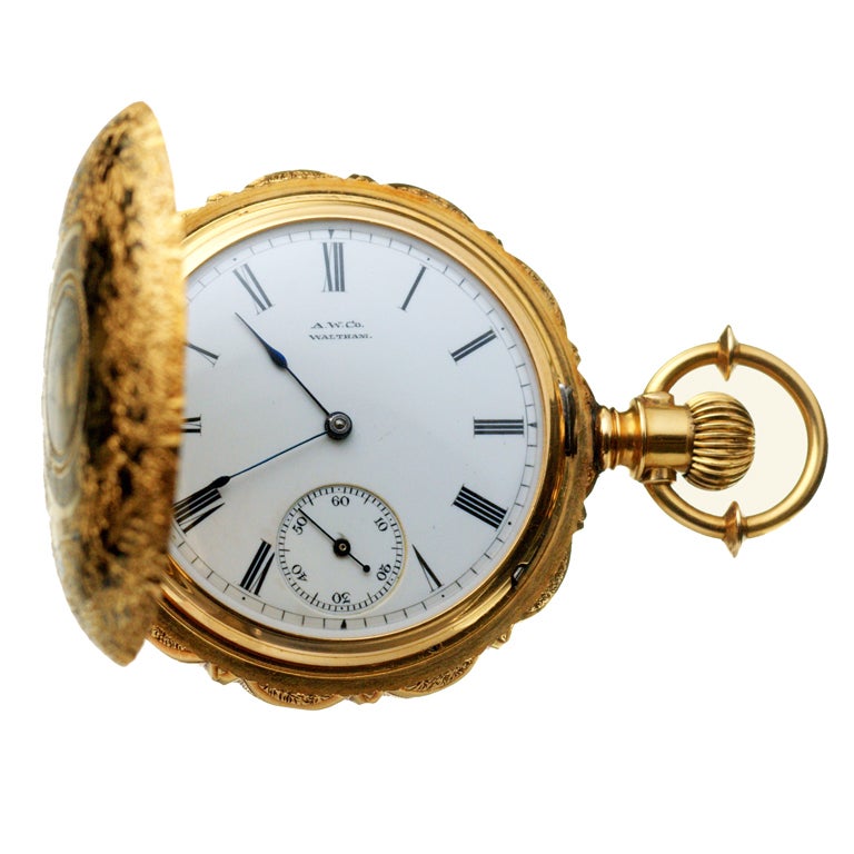Women's or Men's Waltham Gold and Enamel Hunting Case Pocket Watch For Sale