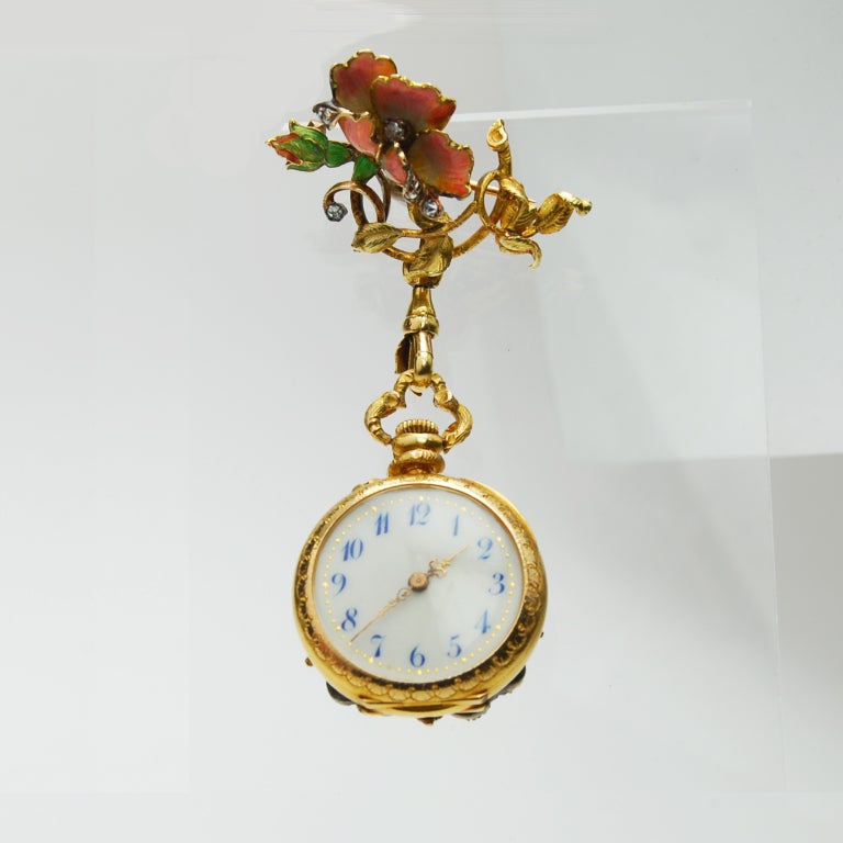 18k gold and enamel flower pendant watch with matching brooch, set with diamonds, by G. Braillard, Chaux-de-Fonds, circa 1890