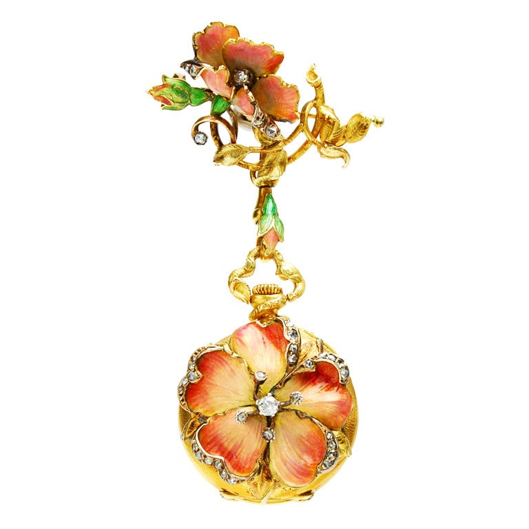 G. Braillard Gold, Enamel and Diamond-Set Flower Pendant Watch For Sale