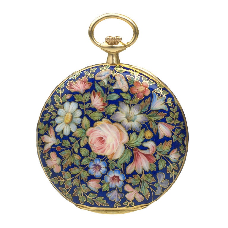 Yellow Gold and Champlevé Enamel Dress Pocket watch For Sale
