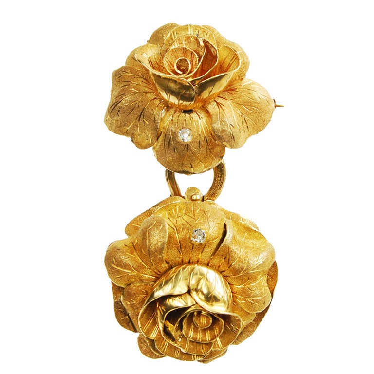 Gold Rose-Form Pendant Watch with Matching Brooch For Sale