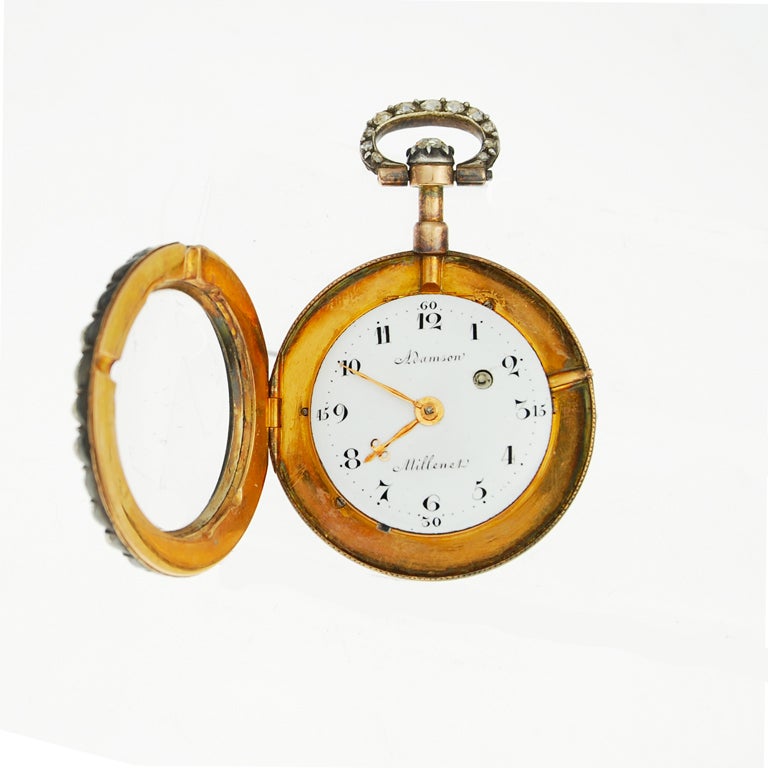 Gold and enamel cylinder watch by Adamson et Millenet, set with 48 diamonds