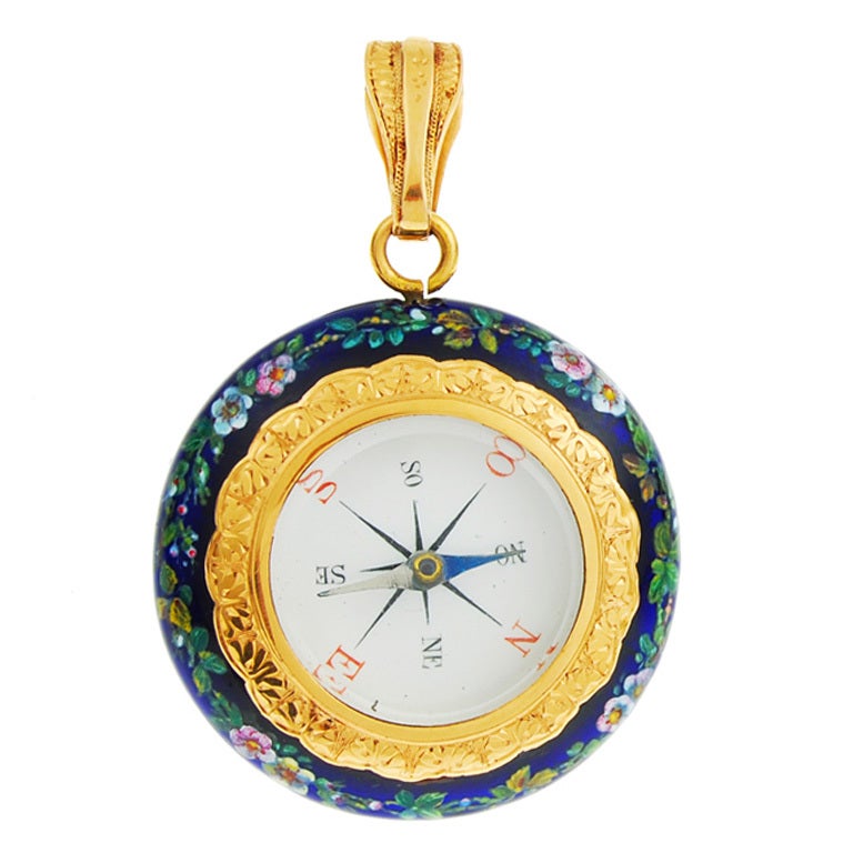 Yellow Gold and Enamel Compass For Sale