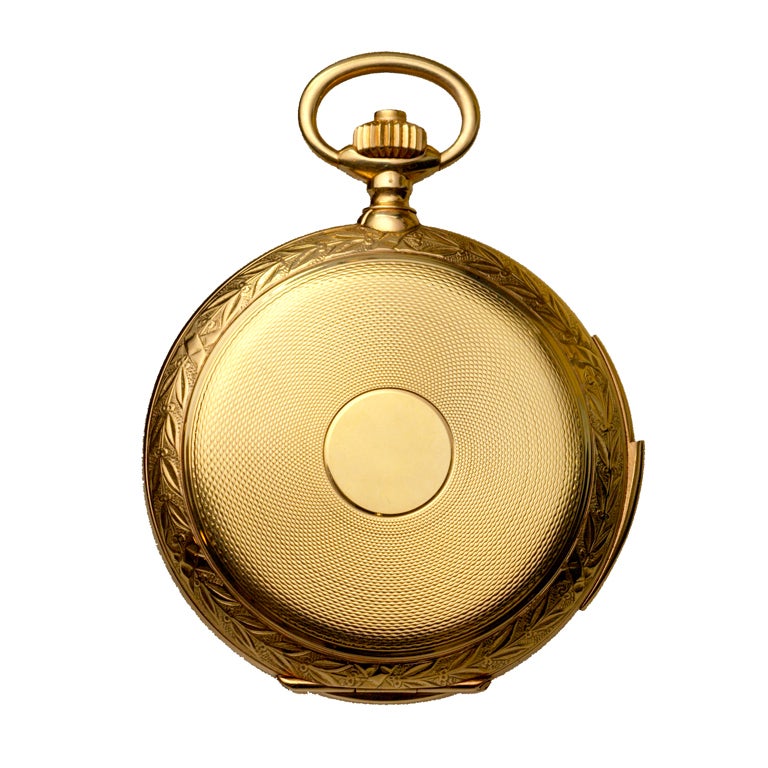 Rare and exceptional 18k yellow gold Longines minute repeating hunter cased pocket watch with Westminster Chime.