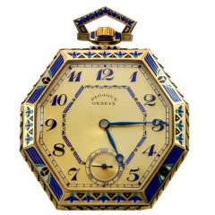 Antique Plojoux Yellow Gold and Enamel Octagonal Dress Pocket Watch