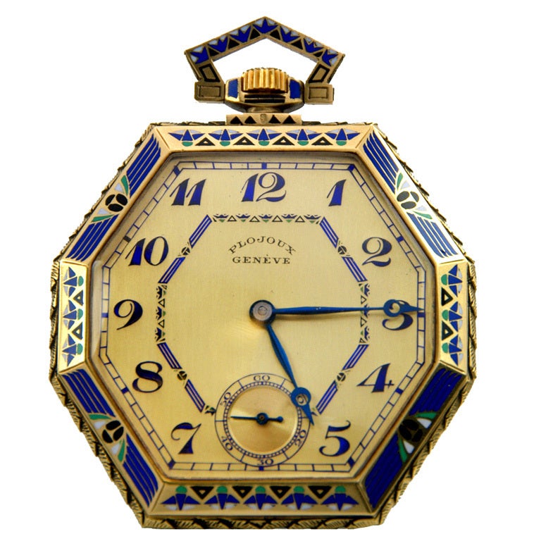 Plojoux Yellow Gold and Enamel Octagonal Dress Pocket Watch For Sale