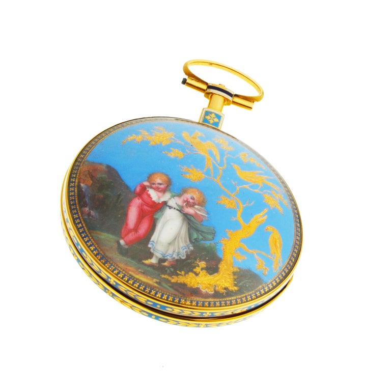 Victorian Hessen à Paris Gold Pocket Watch with Enamel Scene to Case Back For Sale