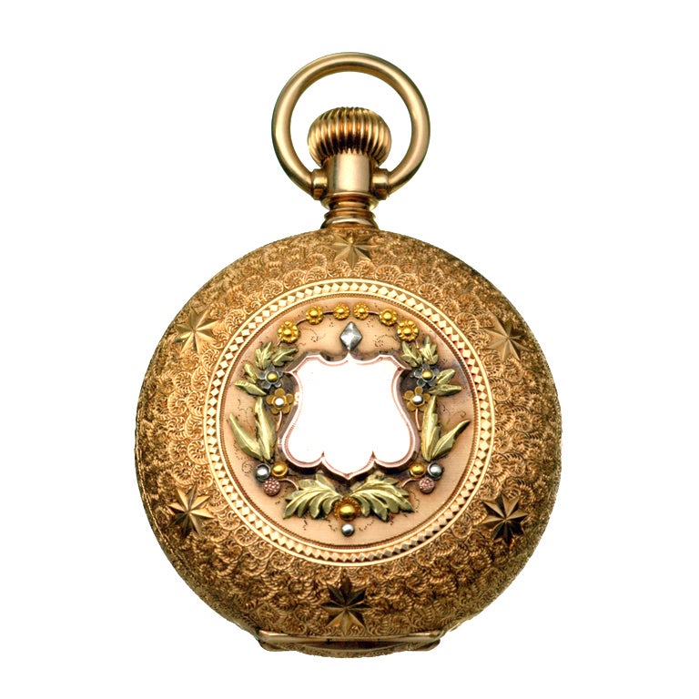Victorian Waltham Multi-Color Gold Hunter Cased Pocket Watch For Sale
