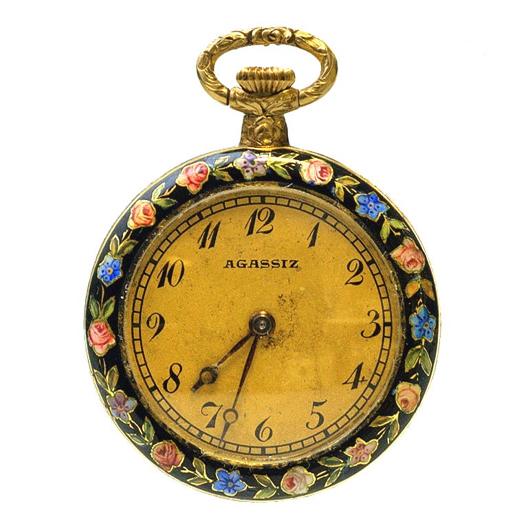 18k gold champlevé enamel pendant watch by Agassiz. Made for Chinese market.