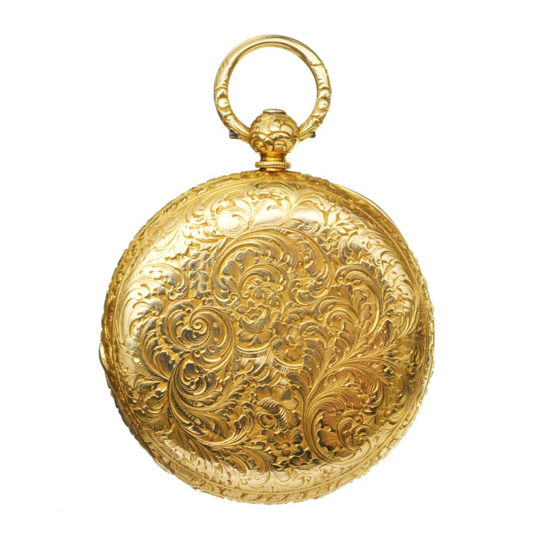 18k yellow gold engraved hunting cased pocketwatch by J.R. Losada with duplex escapement.