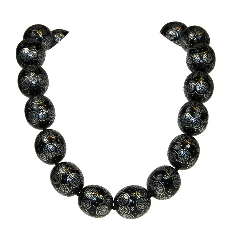 Black Coral Necklace With Silver Hand Placed Dots For Sale