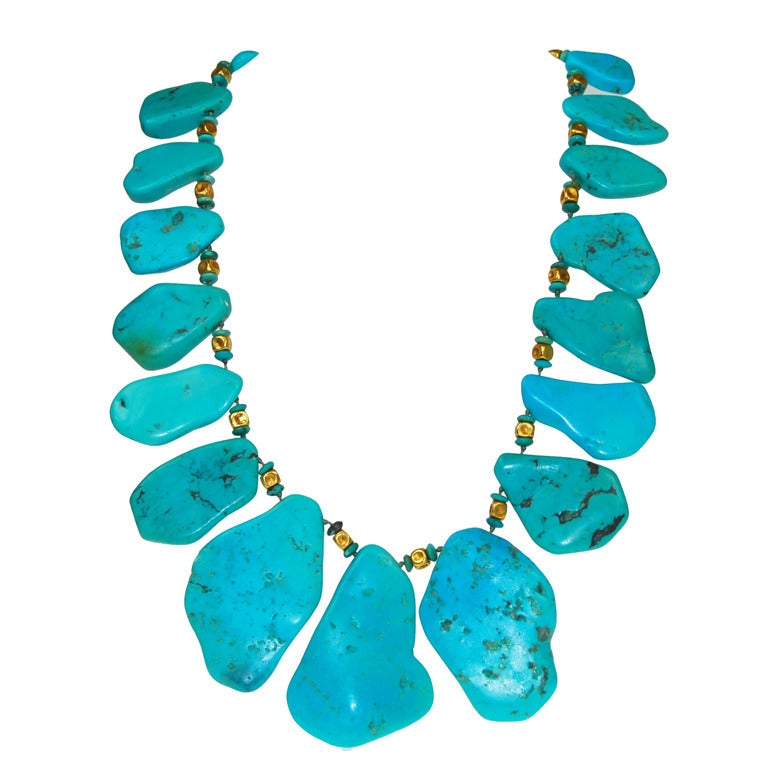 Turquoise Flat Collar With Gold Beads And Clasp. For Sale