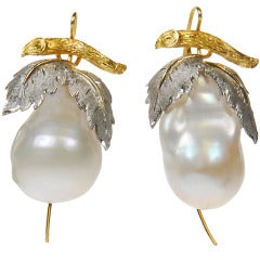 Baroque Pearl Earrings With White And Yellow Gold Leaf Design Tops