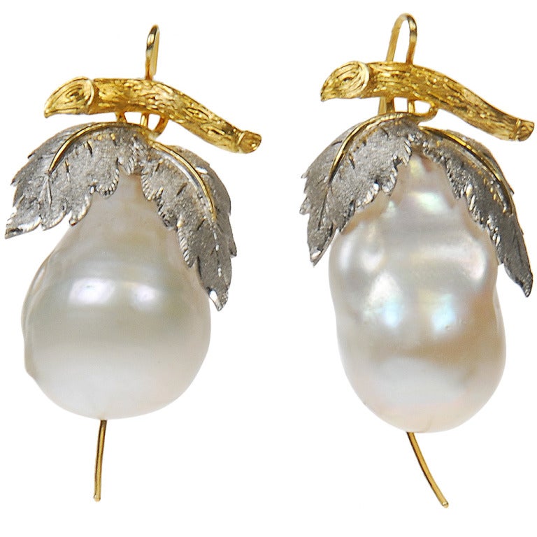 Baroque Pearl Earrings With White And Yellow Gold Leaf Design Tops For Sale