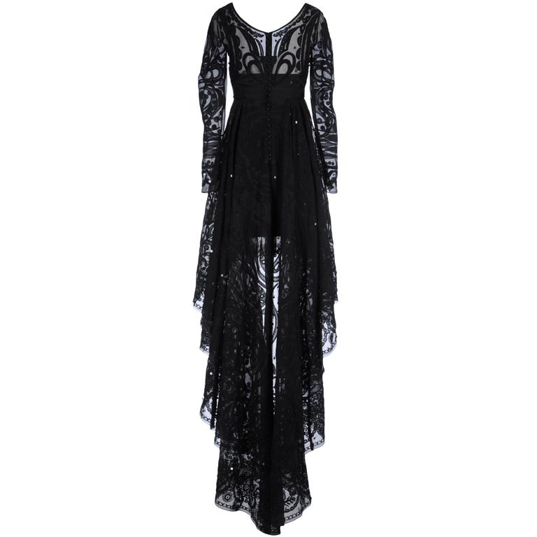 Emilio Pucci Black Lace Dress With Sheer Sleeves and  Embroidery