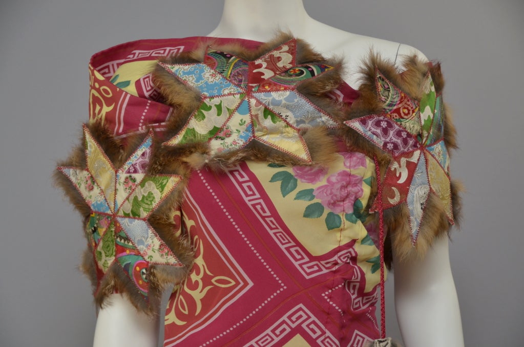 Women's John Galliano Runway  Silk Chiffon Dress  Fur Trim