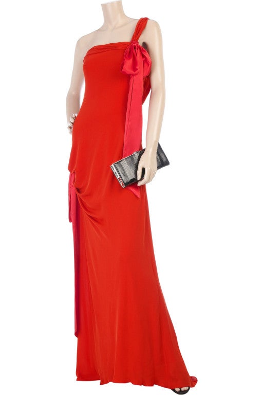 Christian Lacroix One-shoulder gown. Geranium silk one-shoulder full length gown with contrast self-tie sash detailing. Christian Lacroix gown has ruched sides, panel detailing, a zip at the side to fasten and is fully lined. 100% silk.Size 40IT.New