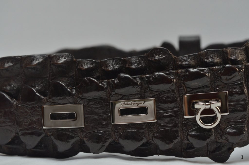 Gürtel aus dunkelbraunem Alligatorleder mit silberfarbener Hardware-Schließung. 
Abmessungen: Länge 34::5-38::5