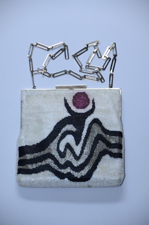 Vintage PIERRE CARDIN Beaded  Silver Abstract Mod Chain Clutch Purse