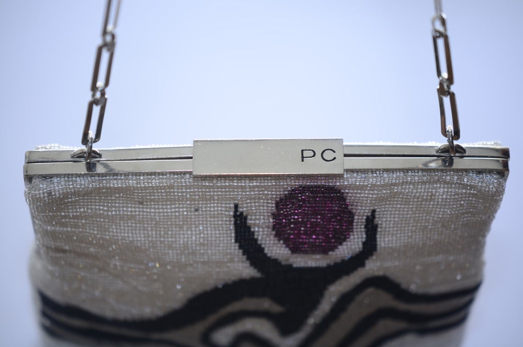 Vintage PIERRE CARDIN Beaded Silver Abstract Mod Chain Clutch Purse at