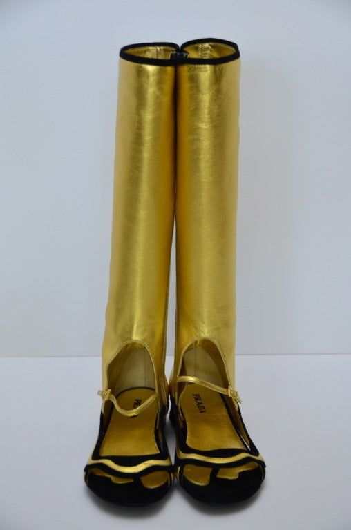 Prada Fairy Knee High Boots Shoes Gold Leather 2008 New at 1stdibs  