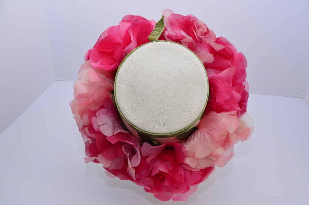 Vintage Elsa Schiaparelli Flower  Straw Hat with Original Hot Pink Hat Box 1