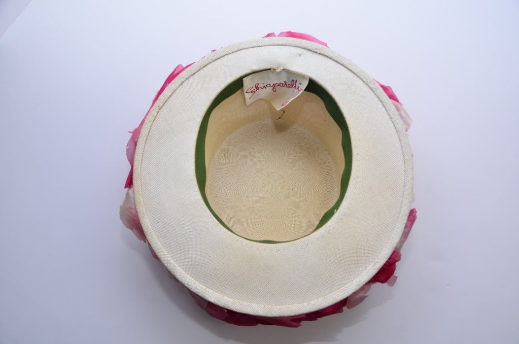 Vintage Elsa Schiaparelli Flower  Straw Hat with Original Hot Pink Hat Box 2