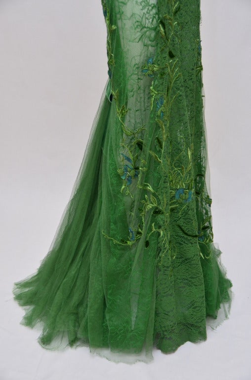 Women's Tom Ford Emerald Green Embroidered  Silk Satin Lace Dress