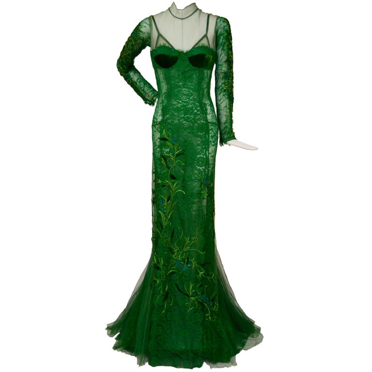 Tom Ford Emerald Green Embroidered  Silk Satin Lace Dress