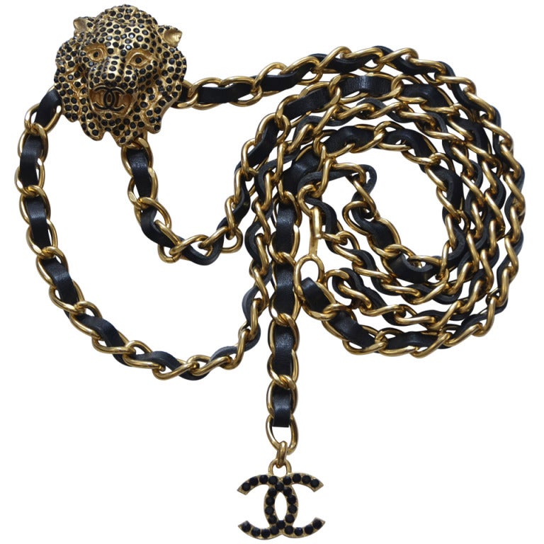CHANEL Paris Fall 2001 Gold Plated Black Leather Crystal CC Lion Chain Belt