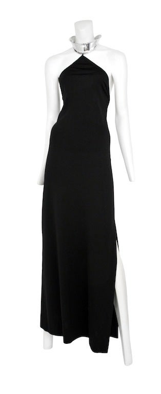Jersey column dress in black with sterling silver neck cuff. Iconic