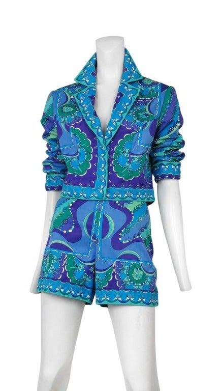 Vibrant blue and purple organic Pucci print on cotton. High waist shorts and cropped jacket.