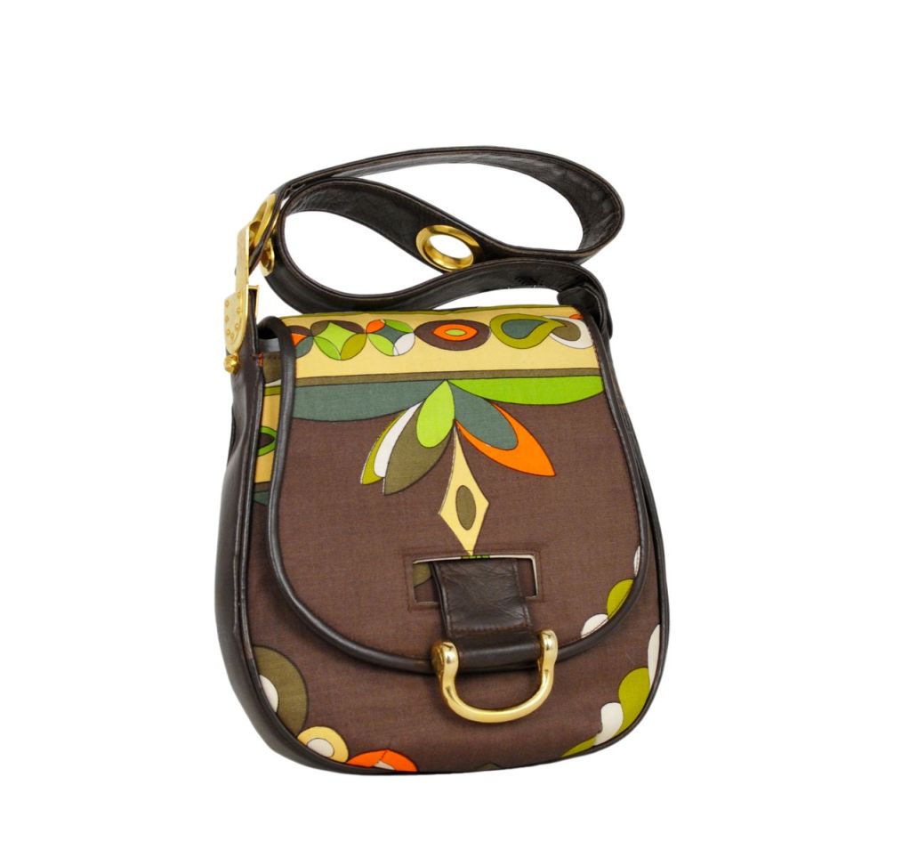 Printed Pucci fabric and leather hand bag with oversized gold hardware.