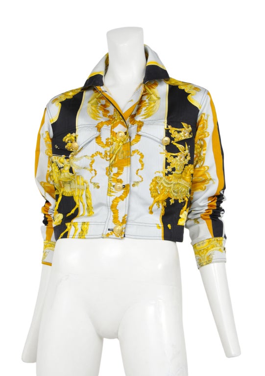 Silk twill cropped jacket with neo-classical print.