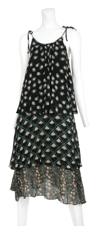 Printed tiered moss crepe day dress with tie strap.