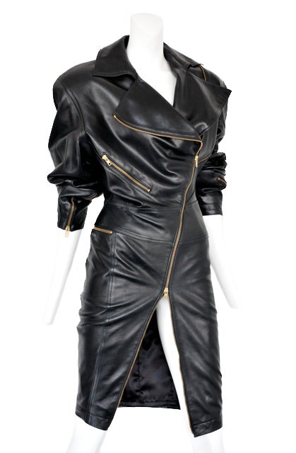 Iconic leather motorcycle dress with zipper detail.