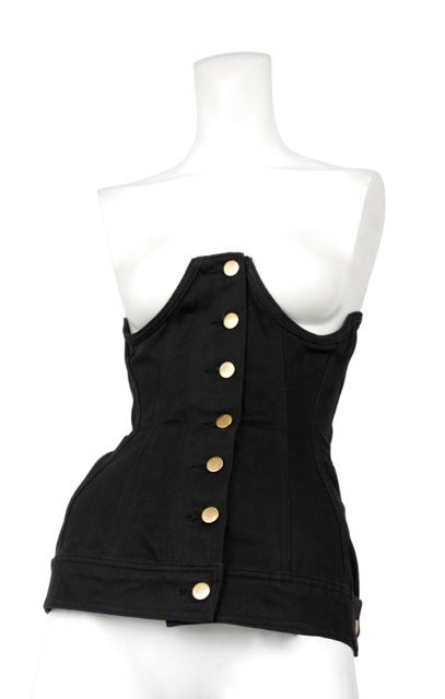 Dark denim boobless bustier corset with tack button front closure. Lace corset at back.