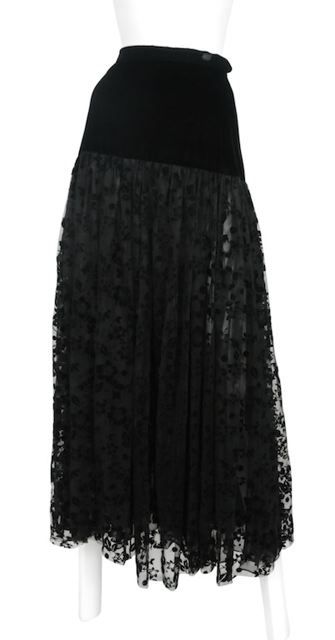 Black long maxi skirt with fitted velvet through the waist and hips with gathered floral burn out chiffon falling to ankles.