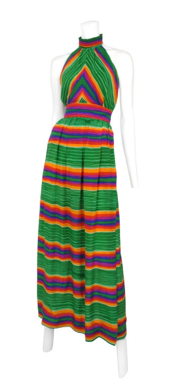 Light weight halter gown in bright primary color stripes with attached fabric belt