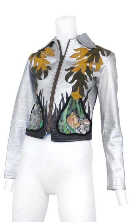 Rare San Francisco original. East West leather jacket in metallic silver with suede leaf appliques and Kiwi birds painted in vignettes. Stunning and rare piece.