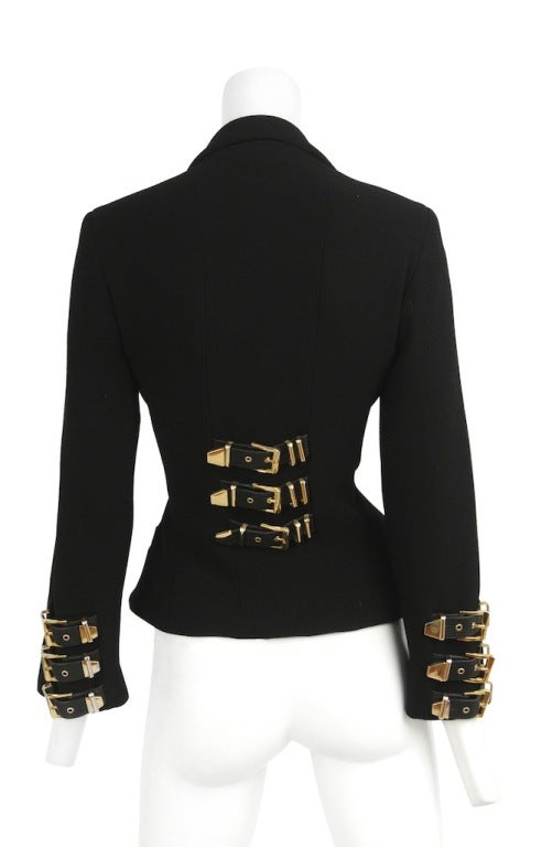 Versace multi buckle wool blazer. Classic Versace gold plated leather buckle detail.