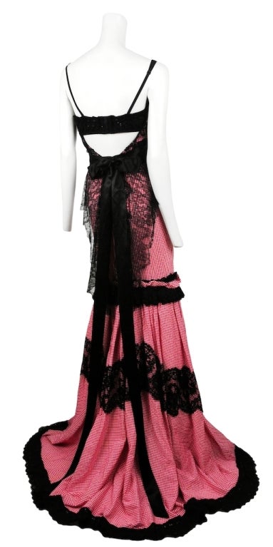 Dolce and Gabbana red cotton gingham print gown with black lace and satin ribbon detail. Low back and boning throughout. Built in black cotton lace bra.