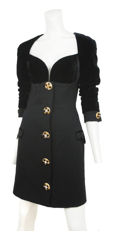 Versace black velvet and wool coat dress with large jeweled buttons and embellished pockets.