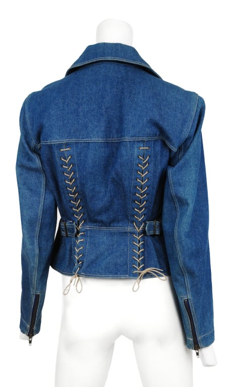 Azzedine Alaia light denim motorcycle jacket with leather lace up corset detail