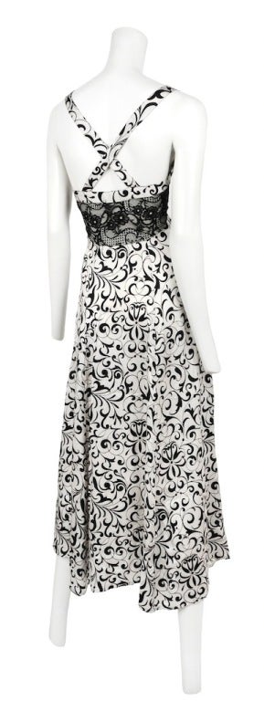 Gianni Versace Intimo, white silk bedroom dress with black silhouette floral print with black lace inset bodice.