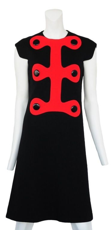 Black double wool mod dress with red inset at front, high crew neckline and large black buttons. c. 1960's