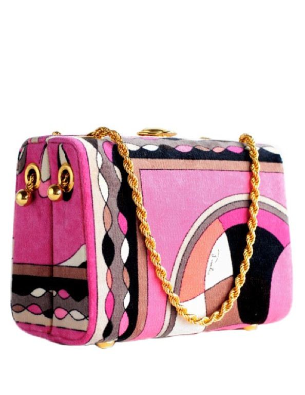 Velvet handbag with gold change strap. Classic Pucci print in pinks, black, browns and white.
