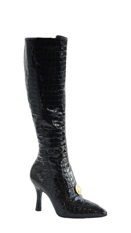 Croc. embossed patent leather boots with Versace medusa medallion. c.1990's