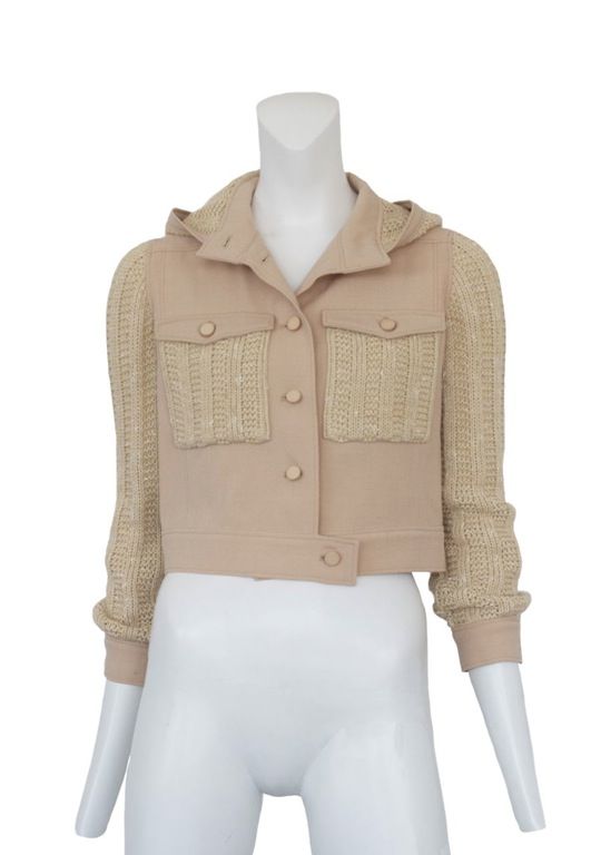 Camel color cropped jacket with hood and patch pockets. Cable knit sweater insets at hood, sleeves and pockets.