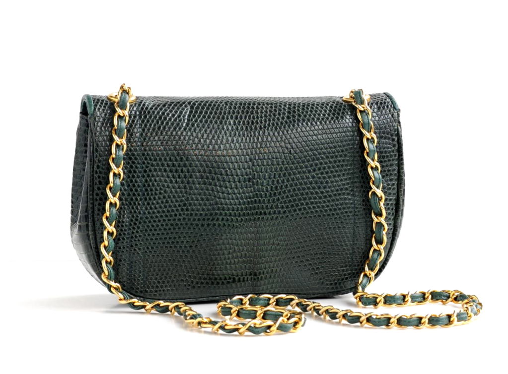Emerald green lizard handbag with leather and chain single strap. Embossed CC detail on single flap closure.